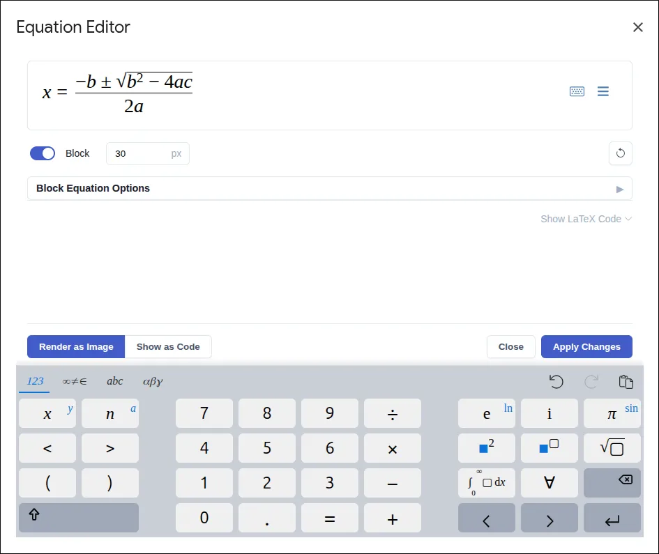 帶有範例方程式的進階方程式編輯器介面。
