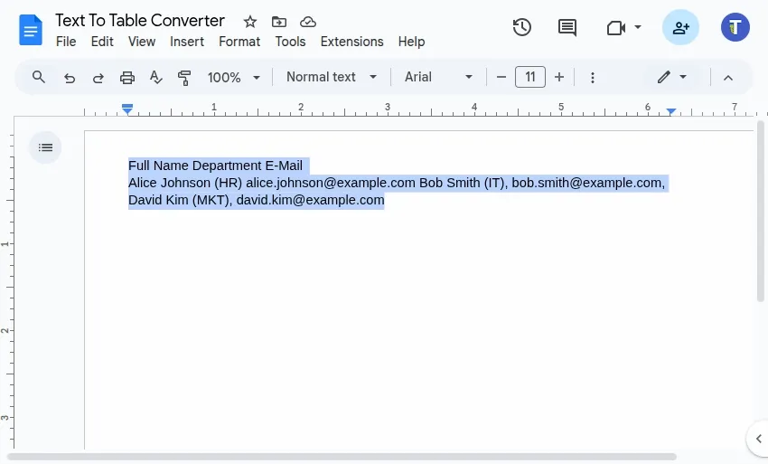 Animation d'aperçu des fonctionnalités de Text To Table Converter