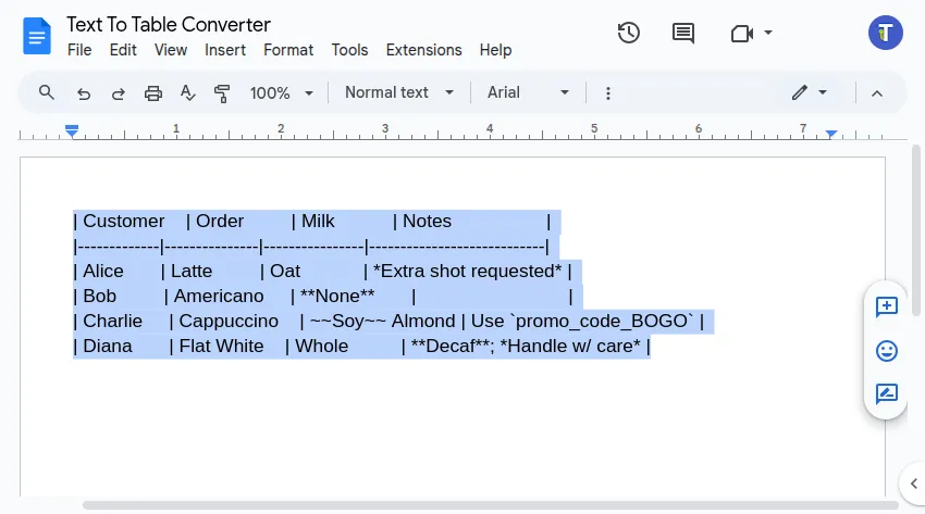 Screenshot showing markdown text selection in Google Docs™