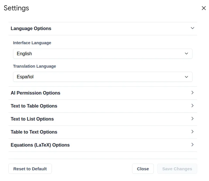 The Settings dialog window in Google Docs™