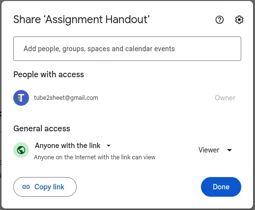 Freigabeeinstellungen mit „Anyone with the link“ und „Viewer“