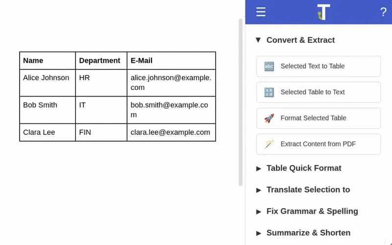 Animation de conversion d'un tableau en texte
