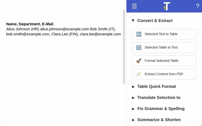 显示文本到表格转换过程的动画
