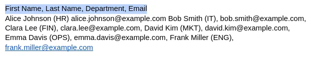 Line with 'Name, Department, E-Mail' typed above the unstructured text data in Google Docs.