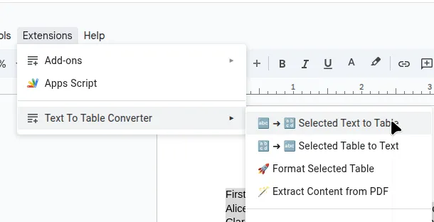 Google Docs menu showing Extensions > Text To Table Converter > 'Text to Table' option highlighted.