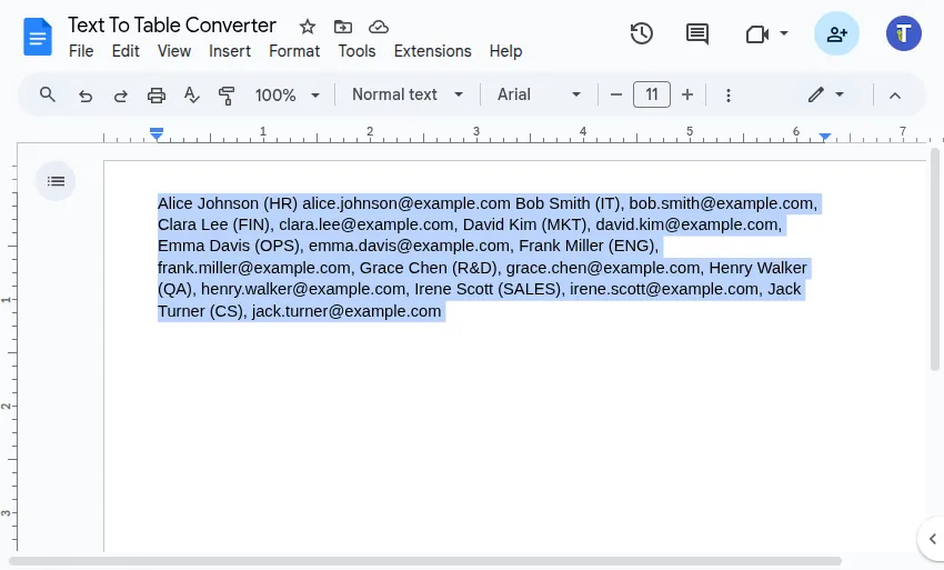 显示 Google 文档™ 中选择非结构化员工详情的截图