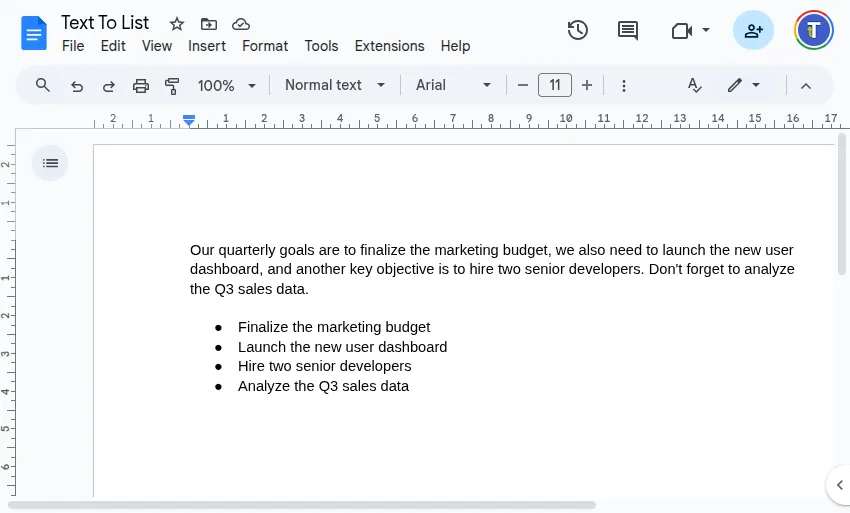 Screenshot showing the resulting formatted list