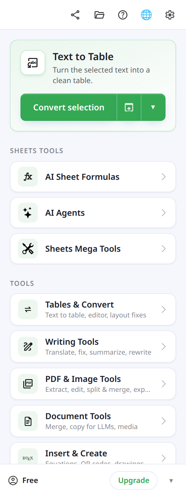 Text To Table Converter sidebar in Google Sheets